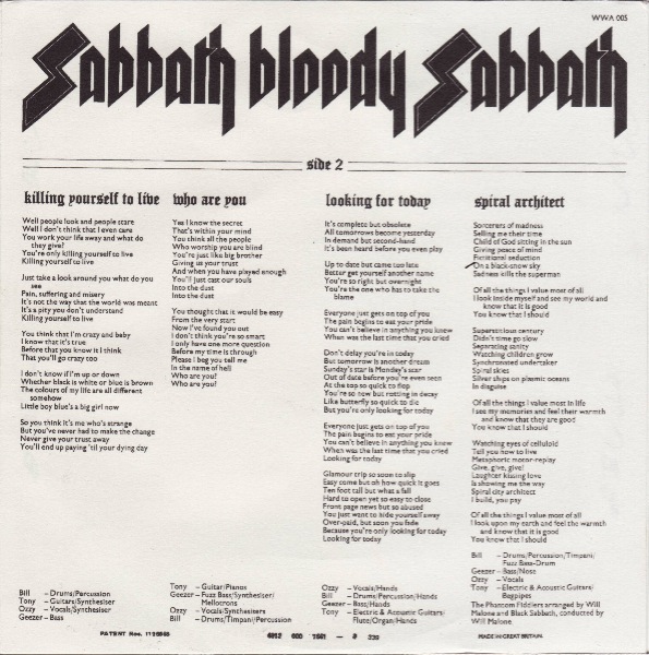 inner sleeve back, Black Sabbath - Sabbath Bloody Sabbath